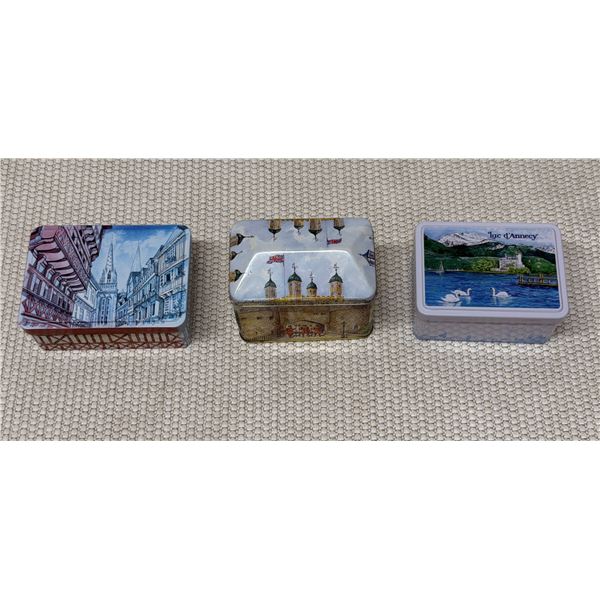 Qty 3 Metal Tins: Galettes Fines Cookies, Castle & Lac d'Annecy Shortbread Biscuits, Misc Sizes