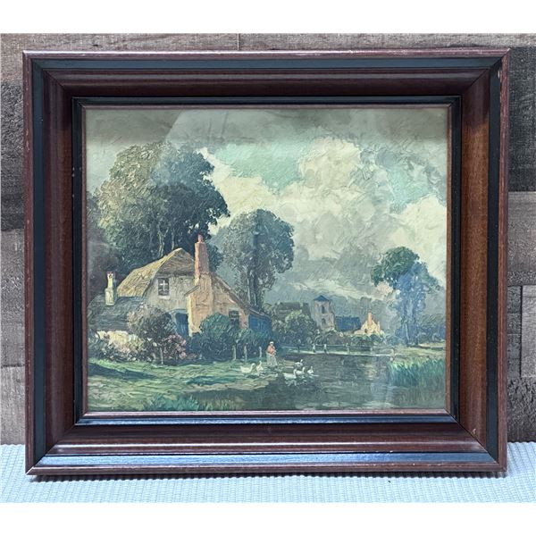 Cottage w/ Ducks Artwork 17.5" x 16", Wood Framed