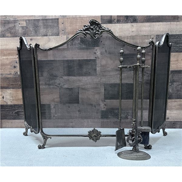 Metal 3-Panel Fireplace Screen w/ Tools on Stand 52" x 31"H