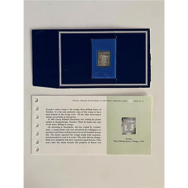 Franklin Mint Sterling Silver 1855 Sweden Stamp Plaque Badge Worlds Greatest Stamps Issue NO 14