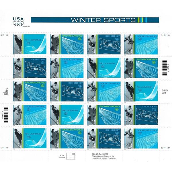 US Olympics Winter Sports stamp sheet 20 x 34 cent stamps