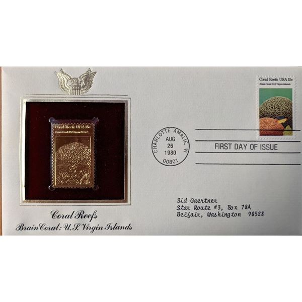 Coral Reefs Brain Coral, US Virgin Islands Gold Stamp Replica Fist Day Cover
