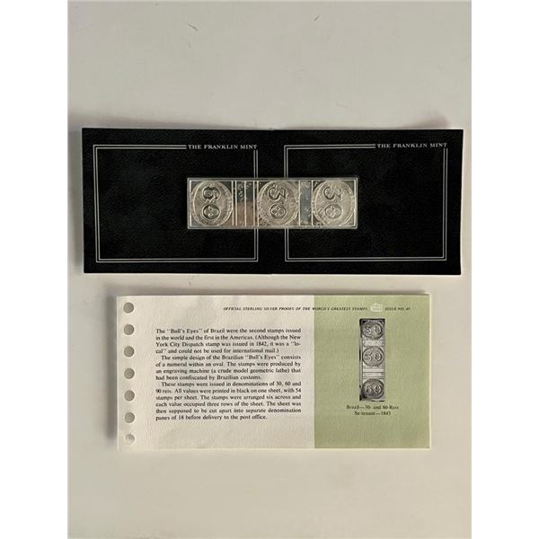 Franklin Mint Sterling Silver 1843 Brazil Stamp Plaque Badge Worlds Greatest Stamps Issue NO 47
