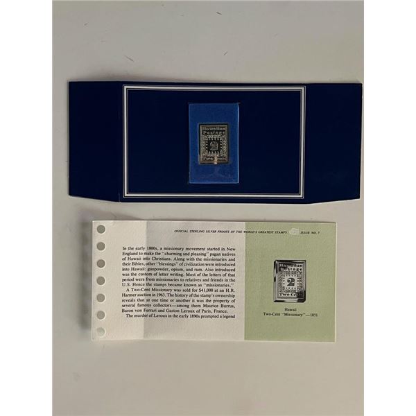 Franklin Mint Sterling Silver 1851 Hawaii Stamp Plaque Badge Worlds Greatest Stamps Issue NO 7