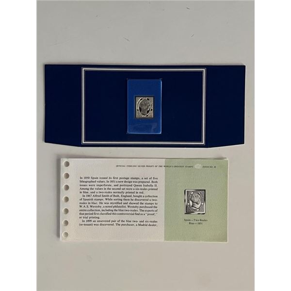 Franklin Mint Sterling Silver 1851 Spain Stamp Plaque Badge Worlds Greatest Stamps Issue NO 28