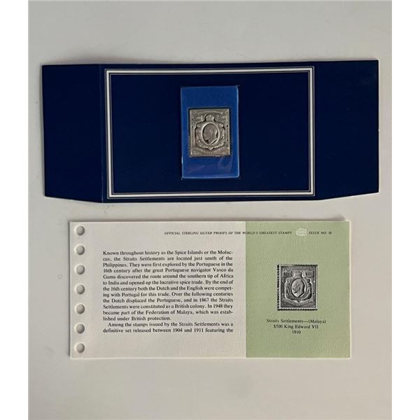 Franklin Mint Sterling Silver 1910 Straits Settlements Malaya Stamp Plaque Badge Worlds Greatest Sta
