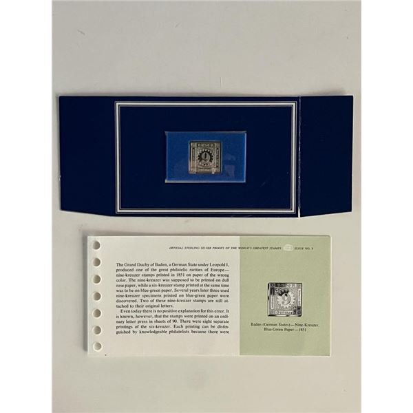 Franklin Mint Sterling Silver 1851 German Stamp Plaque Badge Worlds Greatest Stamps Issue NO 9
