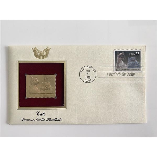 Cats: Siamese, Exotic, Shorthair Gold Stamp Replica First Day Cover