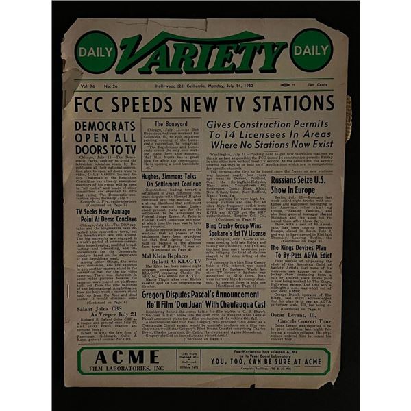 July 1952 Hollywood Variety Daily Newspaper