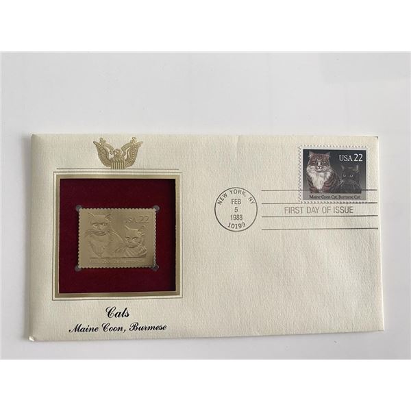 Cats: Maine Coon, Burmese Gold Stamp Replica First Day Cover
