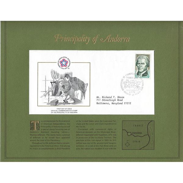 Principality of Andorra - American Bicentennial Commemorative FDC