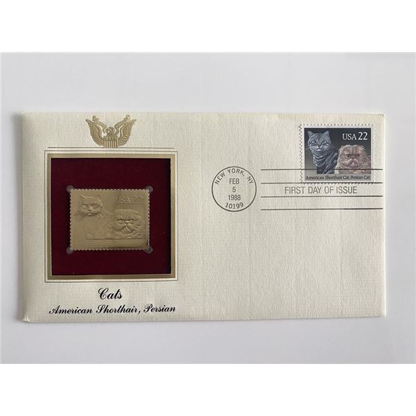 Cats: American Shorthair, Persian Gold Stamp Replica First Day Cover