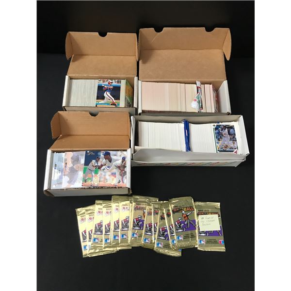 SEVERAL BOXES OF LOOSE BASEBALL CARDS AND 15 SEALED BOOSTER PACKS