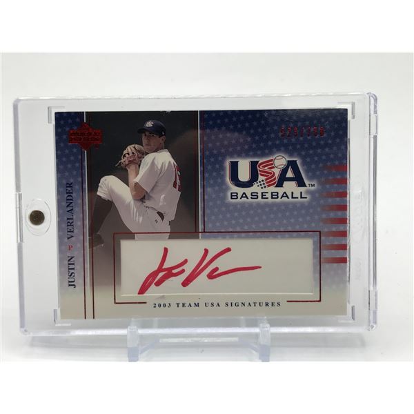 UPPER DECK 2003 TEAM USA SIGNATURES JUSTIN VERLANDER SIGNED TRADING CARD 529/750