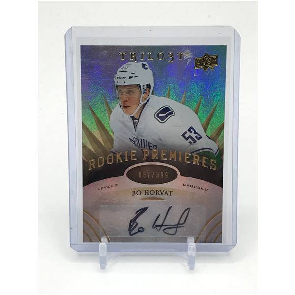 2014-15 UPPER DECK TRILOGY HOCKEY BO HORVAT SIGNED ROOKIE PREMIERES TRADING CARD 057/399