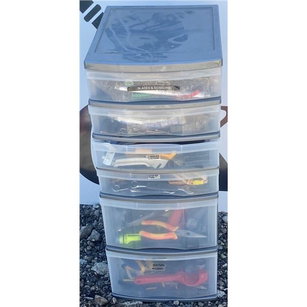 Plastic Storage Drawers with Mixed Tools, Clamps, and Art Supplies