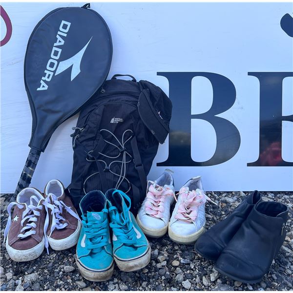 Lot: Shoes, Tennis Racket, Cap, Backpack