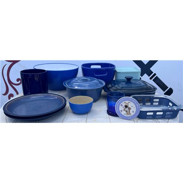 Blue Tableware Lot: Plates, Bowls, Casserole, Glasses