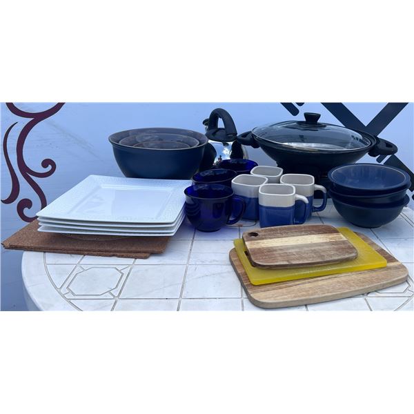 Kitchenware Lot: Rival Electric Wok, Bowls, Mugs, Plates, Kettle