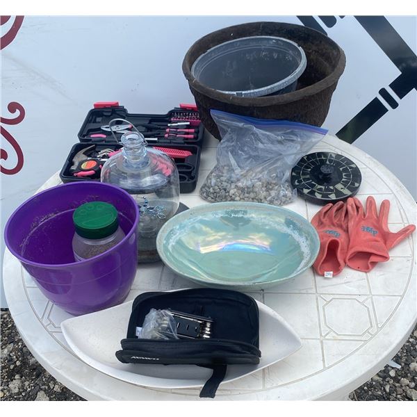 Garden and Tool Lot with Planters, Tools, Gloves
