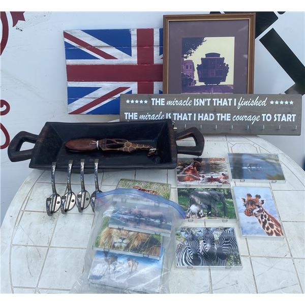 Decor Lot with Wall Art, Hooks, Photos, and Tray
