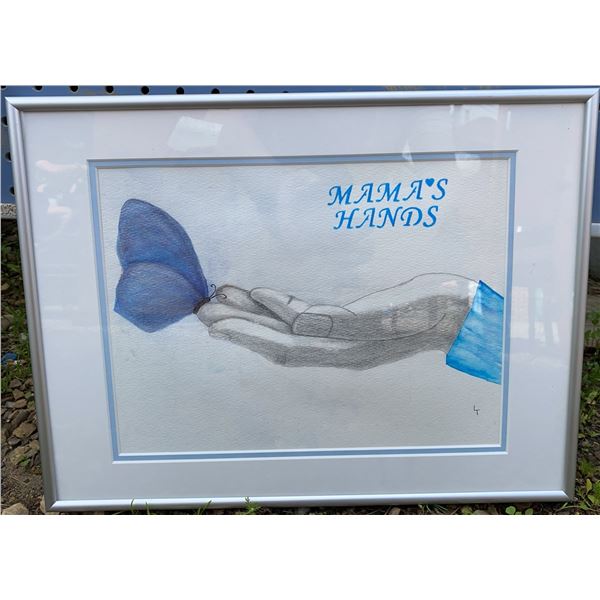 Framed Drawing "Mama's Hands" with Butterfly, Signed
