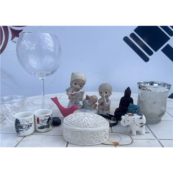 Decorative Lot: Precious Moments, Glassware, Figurines, Trinkets