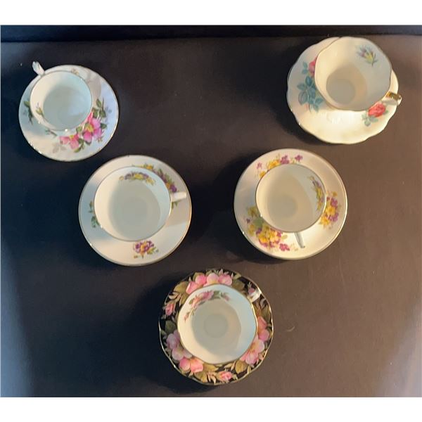 5 English Bone China Floral Teacups and Saucers