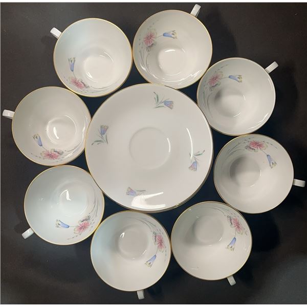 Eight-Piece Fine China Tea Cup and Saucer Set, Floral Motif