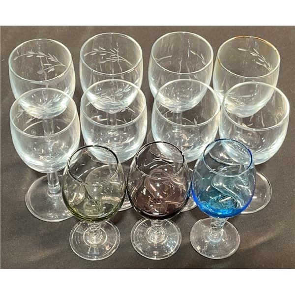 10 Assorted Etched and Coloured Stemware Glasses