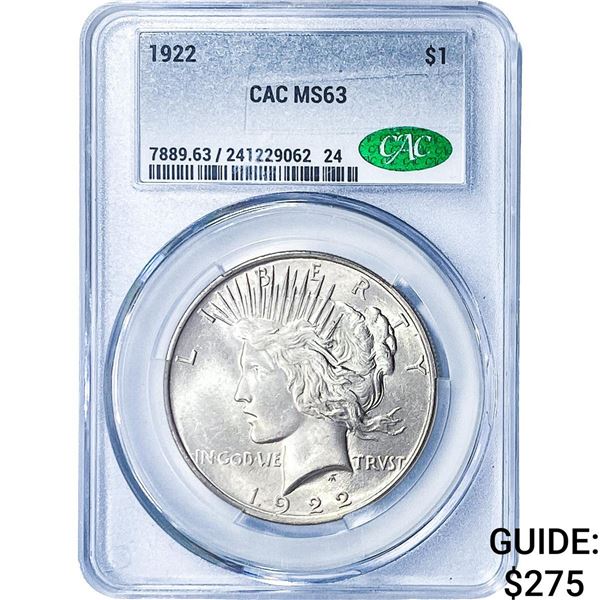 1922 Silver Peace Dollar CAC MS63