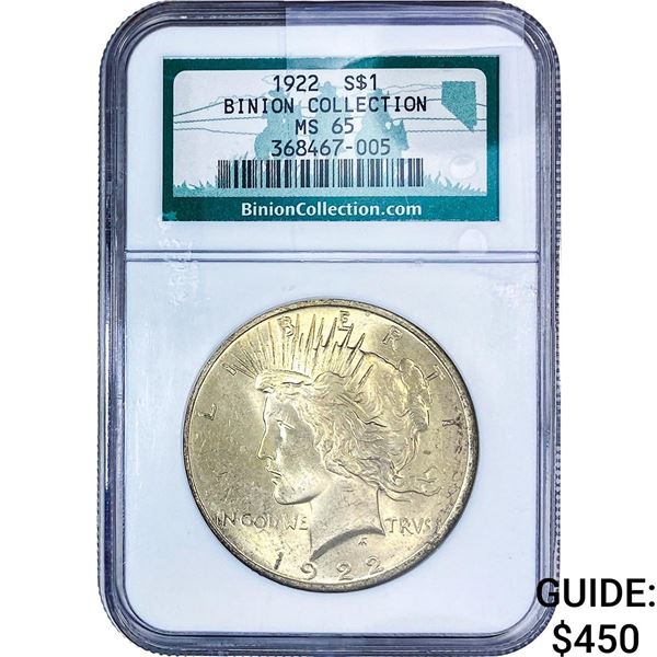 1922 Silver Peace Dollar NGC MS65 Binion Collect.