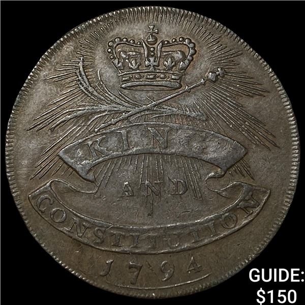 1794 U.K Essex Copper 1/4 Penny Token - Shire Hall