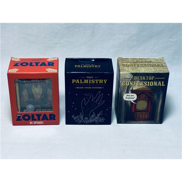 Novelty Box Lot; Mini Zoltar, Tiny Palmistry, Desktop Confessional