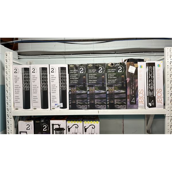 SHELF OF ASSTD. SOLAR PATHWAY BOLLARD LIGHTS *WORKING CONDITION UNKNOWN/MAY BE MISSING PARTS & OR