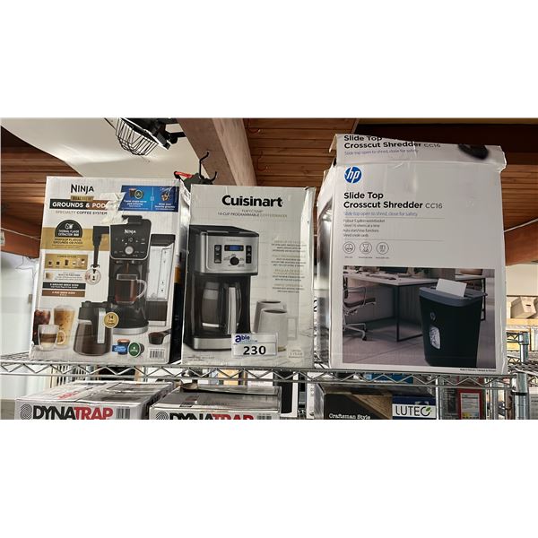NINJA DUAL BREW COFFEE MAKER, CUISINART COFFEE MAKER & HP SLIDE TOP CROSSCUT SHREDDER *WORKING