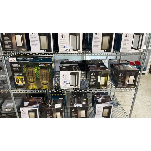 SHELF OF SOLAR POST ACCENT LIGHTS & SOLAR ACCENT LANTERNS *WORKING CONDITION UNKNOWN/MAY BE MISSING
