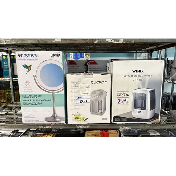 WINIX ULTRASONIC HUMIDIFIER, CUCKOO WATER BOILER/WARMER & LED VANITY MIRROR *WORKING CONDITION