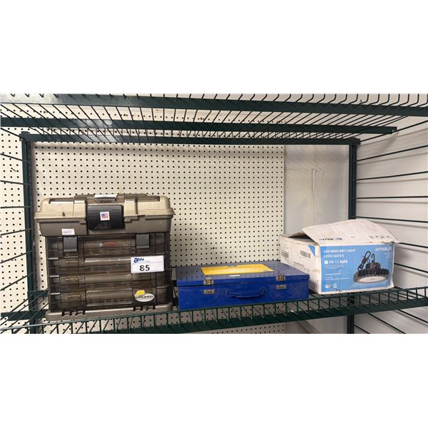 SHELF OF ASSORTED ITEMS INCLUDING; PLANO ORGANIZER WITH SURAR A/C LINE REPAIR KIT ADAPTER TRAY