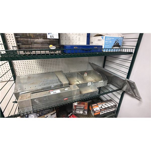 SHELF OF ASSORTED ALUMINUM ORGANIZERS & 2 POWERFIST GALVANIZED METAL PEGBOARDS 16" X 32"