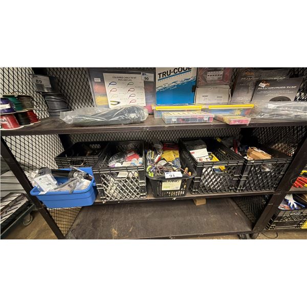 SHELF OF ASSORTED ITEMS INCLUDING; RIDGID ELECTRIC WINCH, AUTOMOTIVE PARTS, WEATHERPROOF MODULAR