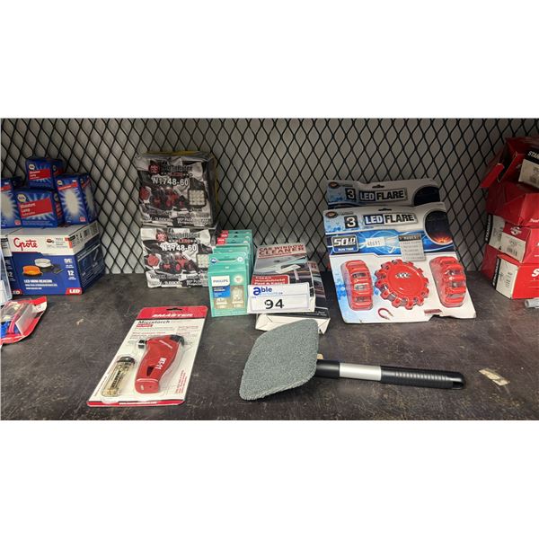 ASSORTED ITEMS INCLUDING; NIGHRIDER LEDS WORK LIGHTS, MASTER MICROTORCH, LED FLARE LIGHTS & MORE
