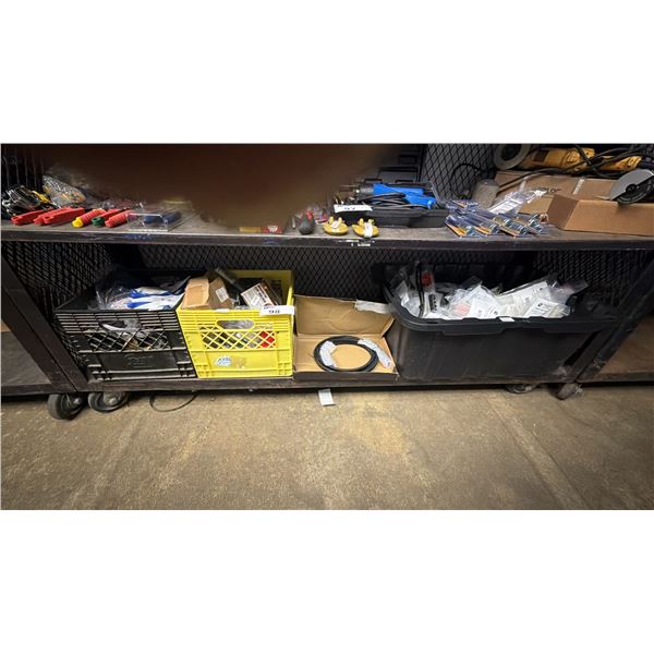 SHELF OF ASSORTED ITEMS INCLUDING; WORK GLOVES, AUTOMOTIVE PARTS, HIGH ADHESIVE HEAT SHRINK TUBING