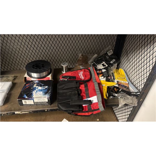 ASSORTED ITEMS INCLUDING; MILWAKEE TOOLBELT, WORK GLOVES, WELDING WIRE & MORE
