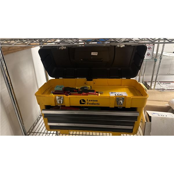 TOOLBOX WITH ASSORTED CONTENTS INCLUDING SCREWDRIVERS, WIRE STRIPPERS, WIRE CUTTER & MORE