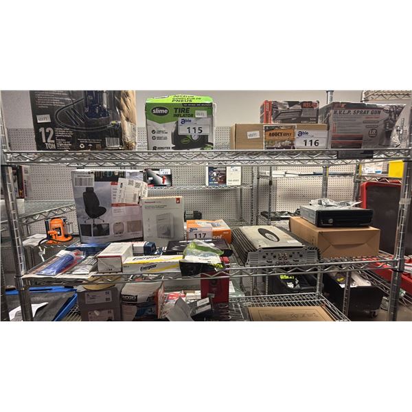 SHELF OF ASSORTED ITEMS INCLUDING; ELECTRIC THERMOSTAT, CAR AUDIO AMPLIFIER, REAR WINDOW WIPER &