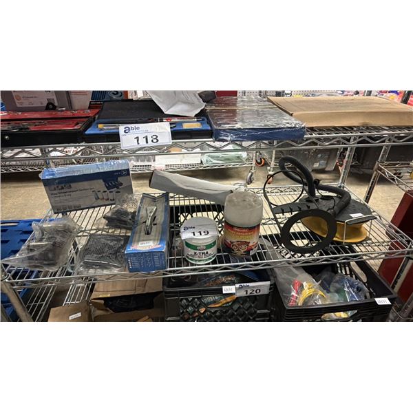 SHELF OF ASSORTED ITEMS INCLUDING; HEAVY DUTY MAG WHEEL IMPACT SOCKET SET, TRAILER COUPLER,