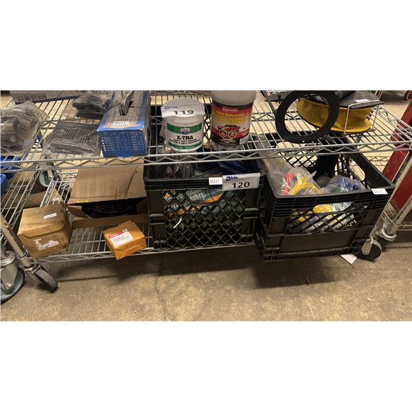 SHELF OF ASSORTED ITEMS INCLUDING; UTILITY TARP GROUND SHEET, HIGH POWER DIGITAL WIRING HARNESS,