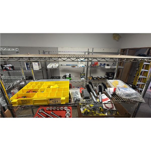 SHELF OF ASSORTED ITEMS INCLUDING; TA TECHSPAN FLIP KIT, WHEEL & TIRE BRUSHES, WATSON SAFETY GLOVES