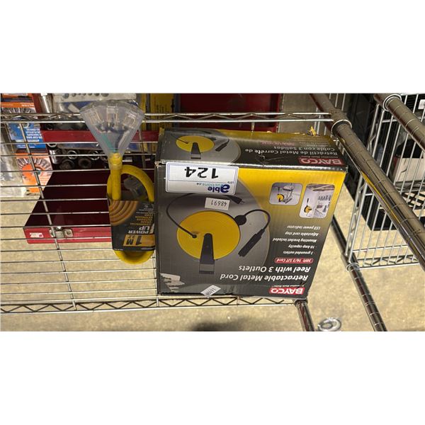 BAYCO RETRACTABLE METAL CORD REEL WITH 3 OUTLETS & POWER UP COMMERCIAL GRADE OUTDOOR EXTENSION CORD